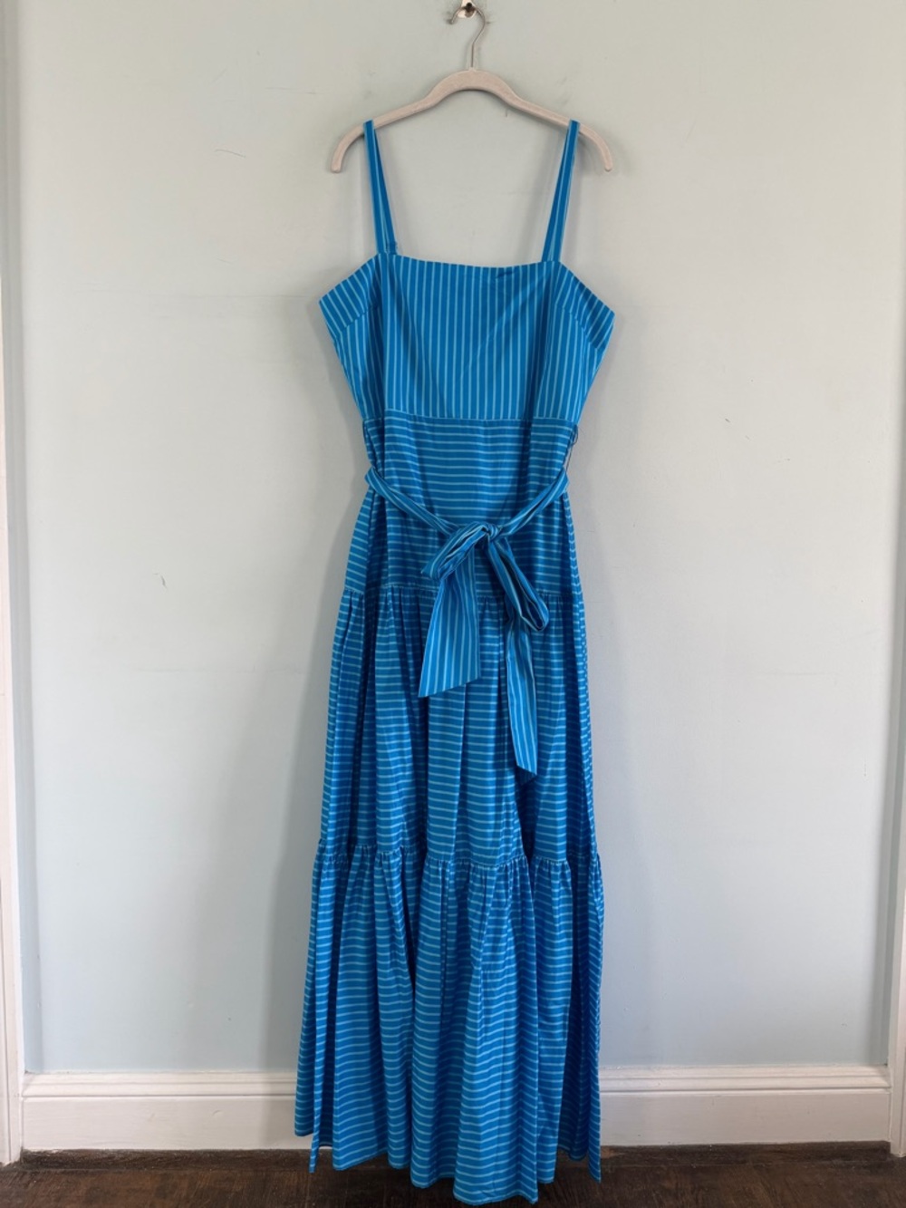NWT Belle Badgley Mischka Priya Ocean Blue Stripe Tiered Cotton Maxi Dress - Picture 2 of 4